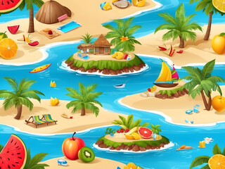 Leinwandbilder - Summer greeting vector background design. Hello, summer text in miniature island with tropical season elements of fruits and leaves for fun and relaxing holiday vacation design. Vector illustration