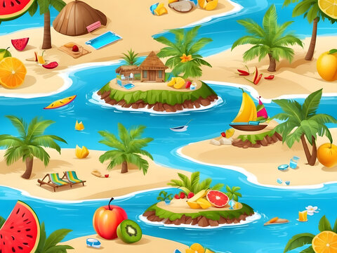 Summer greeting vector background design. Hello, summer text in miniature island with tropical season elements of fruits and leaves for fun and relaxing holiday vacation design. Vector illustration