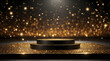 © E - Background black podium stage gold award glitter light 3d platform product golden pedestal. Podium show black background abstract elegant ceremony dark display spotlight effect confetti night scene