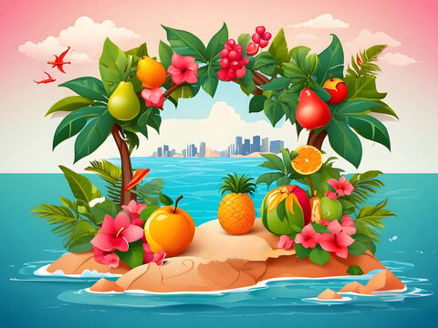 Summer greeting vector background design. Hello, summer text in miniature island with tropical season elements of fruits and leaves for fun and relaxing holiday vacation design. Vector illustration