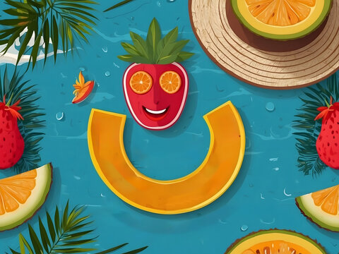 Summer greeting vector background design. Hello, summer text in miniature island with tropical season elements of fruits and leaves for fun and relaxing holiday vacation design. Vector illustration