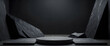 © E - Black podium stone background rock product display 3d dark stand platform abstract stage scene studio. Stone wall black space podium mockup pedestal geometric marble showcase minimal presentation.