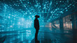 Virtual Exploration. An individual delves into a virtual realm, bathed in intricate patterns of light