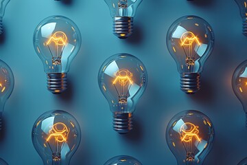 Poster - Several glowing incandescent light bulbs creating a pattern on a monochromatic blue background