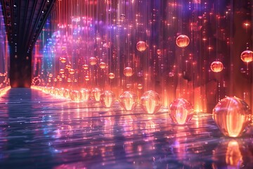 Poster - An immersive digital illustration of a futuristic corridor enhanced with floating illuminated orbs and dynamic light rays