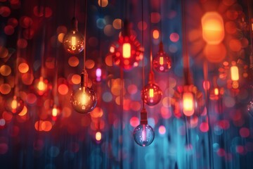 Poster - Vibrant bokeh effect with hanging incandescent bulbs against a red and blue blurred background