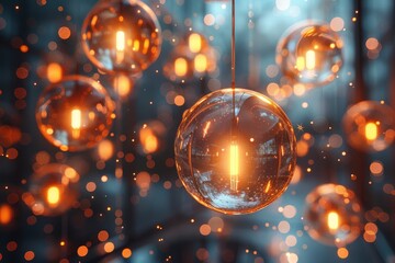 Poster - Stunning visual of multiple reflective glass spheres floating in a room with blue ambient light and bokeh effect