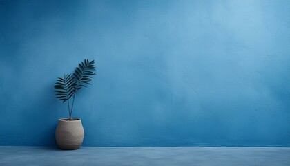 blue wall backdrop with pot plant