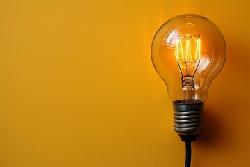 Poster - A single glowing incandescent bulb stands out boldly against a plain yellow background, symbolizing ideas and inspiration