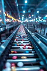 Sticker - Modern pharmaceutical factory showcases pills moving on conveyor belt.