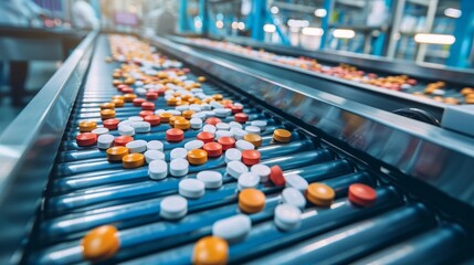 Sticker - Modern pharmaceutical factory showcases pills moving on conveyor belt.