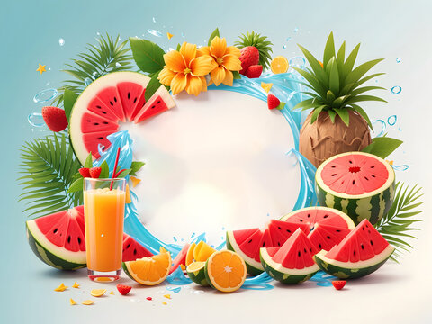Summer greeting vector banner design. Summer welcome text with tropical fruits like watermelon, coconut juice, and beach elements on a white background. Vector illustration
