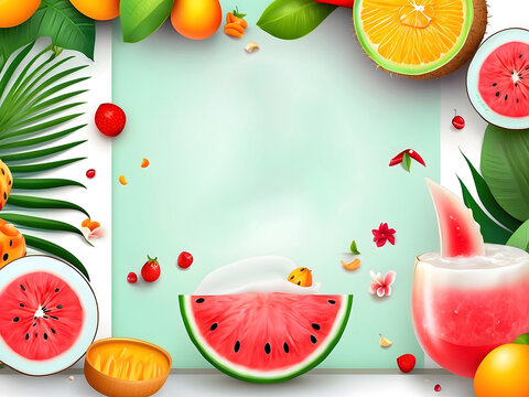 Summer greeting vector banner design. Summer welcome text with tropical fruits like watermelon, coconut juice, and beach elements on a white background. Vector illustration