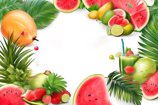 Summer greeting vector banner design. Summer welcome text with tropical fruits like watermelon, coconut juice, and beach elements on a white background. Vector illustration