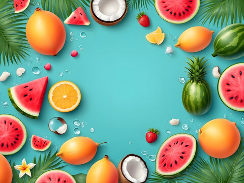 Summer greeting vector banner design. Summer welcome text with tropical fruits like watermelon, coconut juice, and beach elements on a white background. Vector illustration
