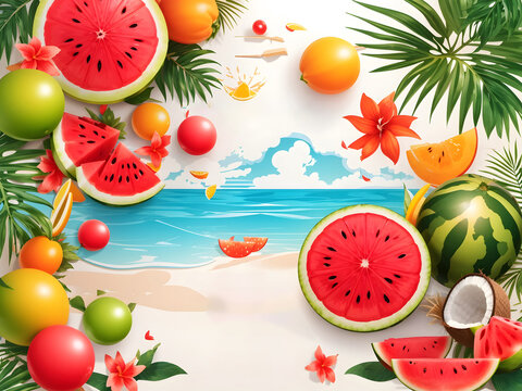Summer greeting vector banner design. Summer welcome text with tropical fruits like watermelon, coconut juice, and beach elements on a white background. Vector illustration