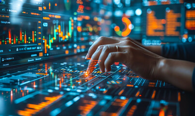 Poster - Advanced Financial Data Analysis Interface with Holographic Charts and Graphs, Evening Modern Office Settings for Technological Business Strategy