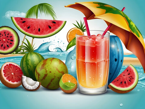 Summer greeting vector banner design. Summer welcome text with tropical fruits like watermelon, coconut juice, and beach elements on a white background. Vector illustration