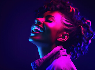 Wall Mural - happy smiling african american woman in neon light, portrait, bright lighting light, portrait, close-up