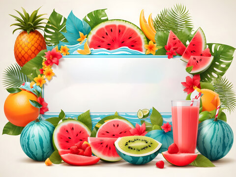 Summer greeting vector banner design. Summer welcome text with tropical fruits like watermelon, coconut juice, and beach elements on a white background. Vector illustration