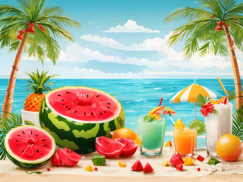 Summer greeting vector banner design. Summer welcome text with tropical fruits like watermelon, coconut juice, and beach elements on a white background. Vector illustration