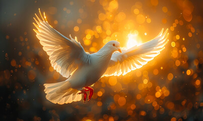 Wall Mural - Radiant Holy Spirit Dove Glowing in Sunlit Sky, Symbolic Christian Faith and Divine Inspiration Theme