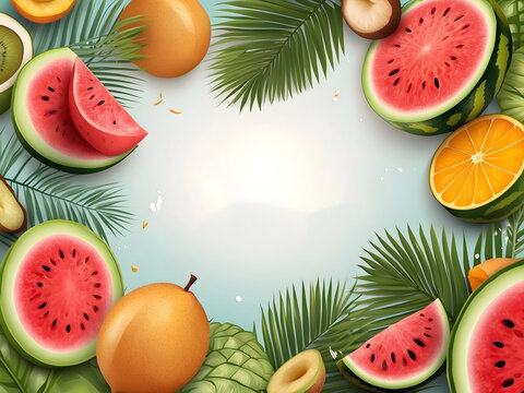 Summer greeting vector banner design. Summer welcome text with tropical fruits like watermelon, coconut juice, and beach elements on a white background. Vector illustration