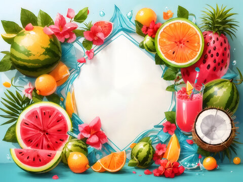 Summer greeting vector banner design. Summer welcome text with tropical fruits like watermelon, coconut juice, and beach elements on a white background. Vector illustration