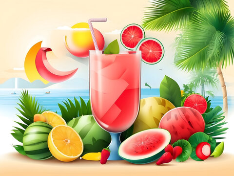Summer greeting vector banner design. Summer welcome text with tropical fruits like watermelon, coconut juice, and beach elements on a white background. Vector illustration
