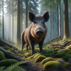 Wall Mural - wild boar in forest