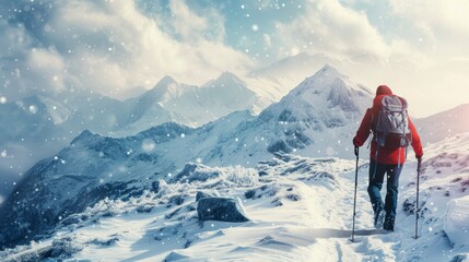 Wall Mural - Lone adventurer hikes up a snowy mountain trail