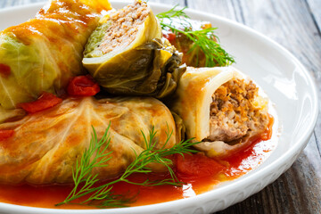 Wall Mural - Wrapped minced meat in cabbage leaves - polish dish gołąbki
