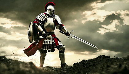 Spartan man in gladiator helmet and red long cloak standing with steel shield and iron spear, sword in hands. Strong roman warrior in battle dress. 1 one, alone greek legionary soldier ready to fight.
