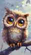 Painting of small owl with big eyes sitting on tree branch in forest.