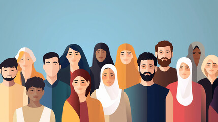 Wall Mural - Diverse Male and Female Profile Portraits Illustration of People from Various Nationalities and Religions in a Multicultural Society - Vector Cartoon Characters Crowd Flat Design Concept for Global