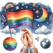 Watercolor Illustration Featuring a Child's Hand Holding a Rainbow Flag, Symbolizing Acceptance and Solidarity with the LGBTQ+ Community.