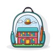 Preschool backpack with supplies flat design front view school theme cartoon drawing vivid.