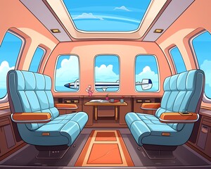 Private jet interior flat design front view luxury theme cartoon drawing Tetradic color scheme.