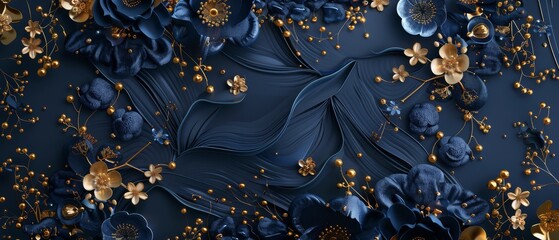 Poster - 3D render of a dark blue floral pattern with golden elements ( kitchen glass)