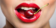 ripe juicy Cherry in Beautiful woman's mouth and Red lips. Closeup face part of Girl