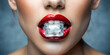 Ice in Beautiful woman's mouth and Red lips. face part of Girl