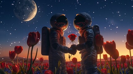 Wall Mural - in astronaut, giving a rose to his astronaut wife, surrounded by tulips at night time with the moon on top in the sky field with stars