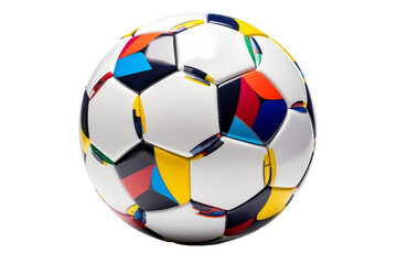 A soccer ball with a colorful design on it. The ball is white and yellow, with blue and red accents