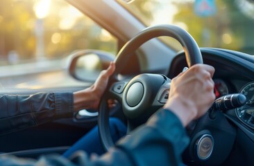 Wall Mural - Close up of hands on steering wheel driving car, stock photo. A close up of hands on a steering wheel in the style of a stock photo of someone driving a car. 