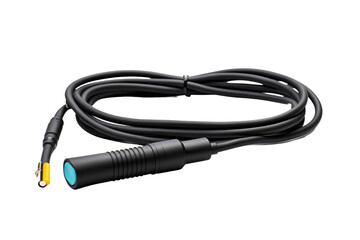 A black cable with a blue light on it. The cable is connected to a device