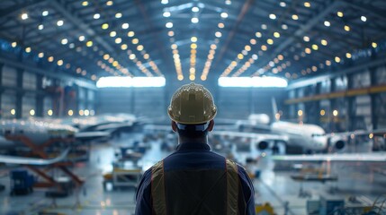 A man in a hard hat looking at a large airplane in a hangar.