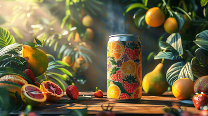 Wall Mural - fruit juice can and oranges on a wooden table with a green leaf in the background