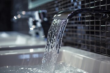 A close-up of a contemporary waterfall faucet in a sleek, modern bathroom setting.