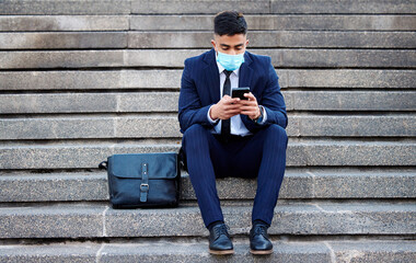 Poster - Stairs, mobile and business man with mask for virus, infection and illness protection outside. Law firm, building steps and lawyer with face cover or cellphone for networking, chat and connection