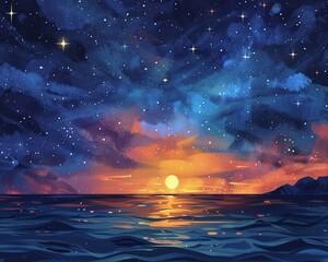 Wall Mural - Starry sky flat design side view night theme water color colored pastel